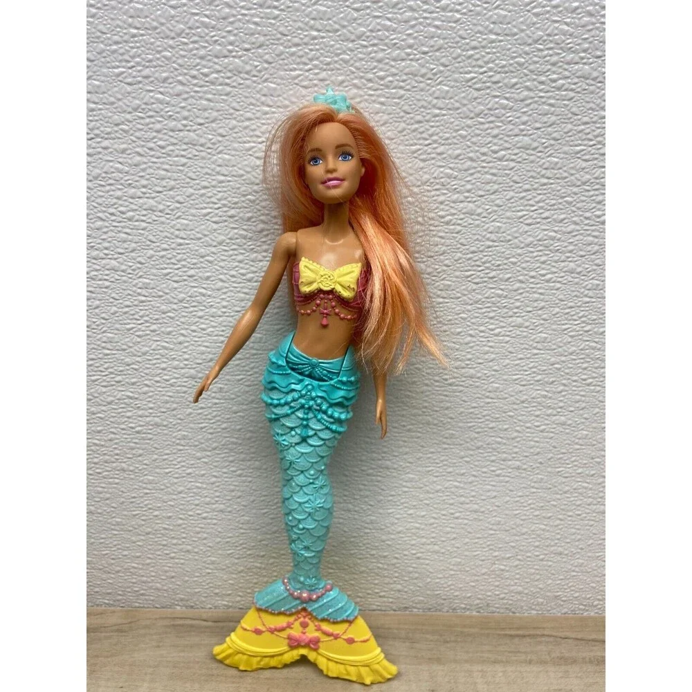 2017 Mattel Barbie Mermaid Doll Aqua Yellow Tail Coral Hair With Crown